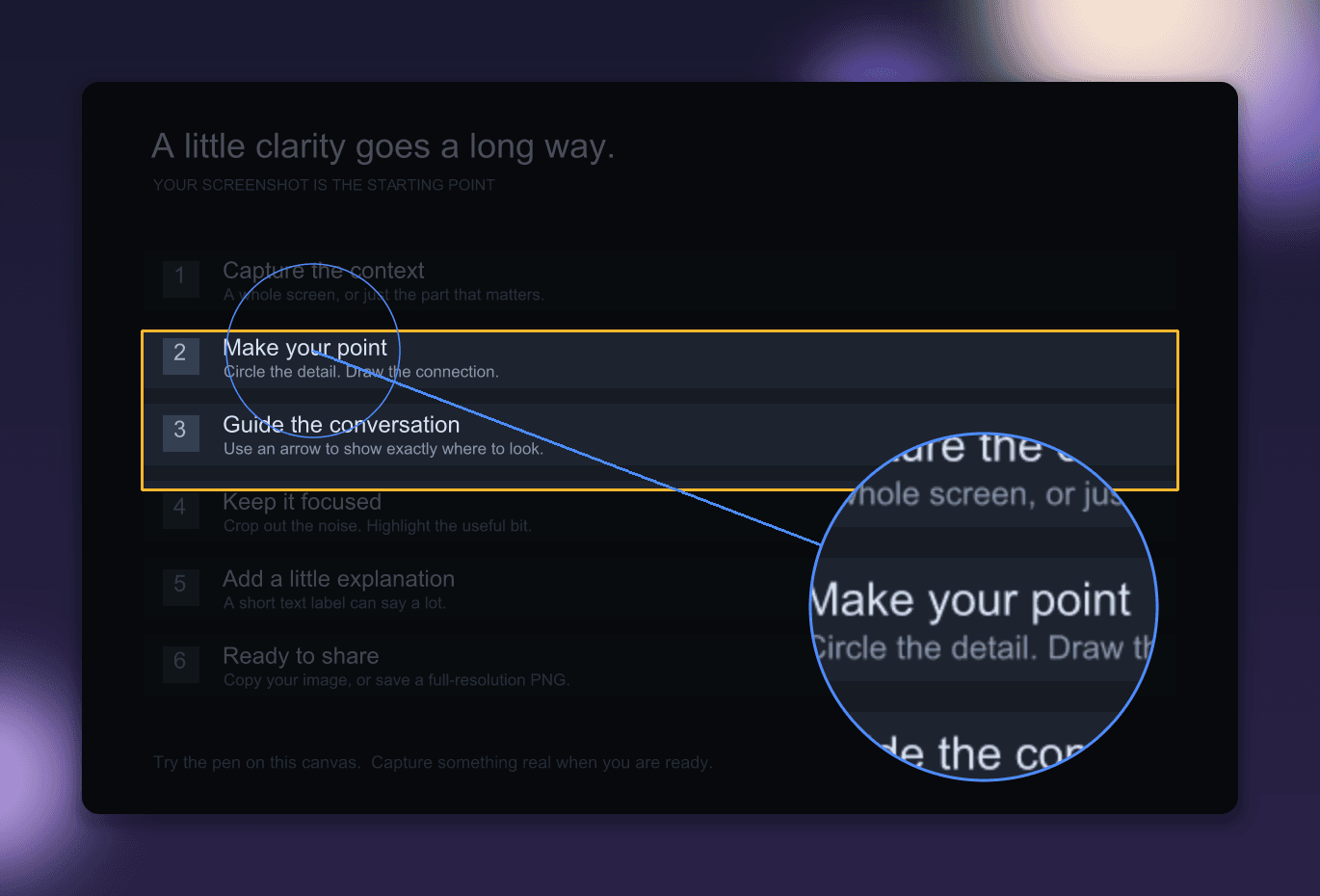 Glance’s practice screenshot with a spotlight highlighting two steps and a circular magnifier, framed with a purple Lava backdrop.